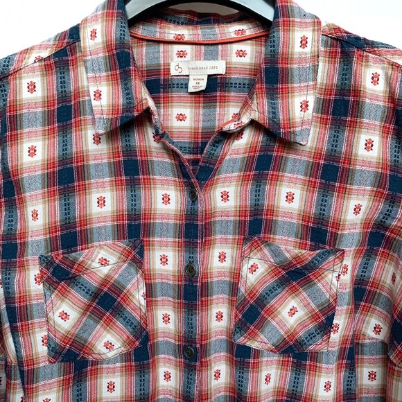 cb Women's Button-Up Shirt Size 1X Blue Red Multicolor Plaid Long-Sleeves Cotton - Picture 3 of 11
